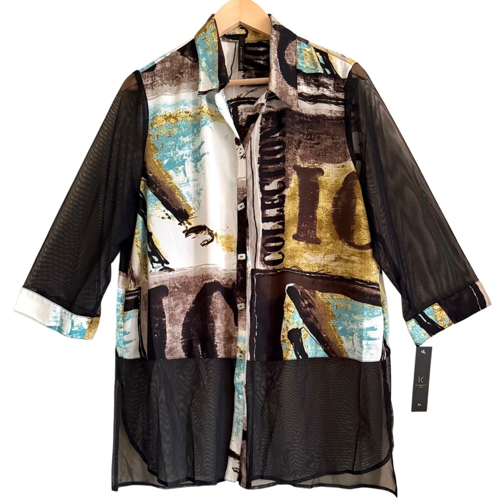 IC By Connie K Multicolored Artsy Art-To-Wear Semi-Sheer Chiffon Tunic Sz XL NWT